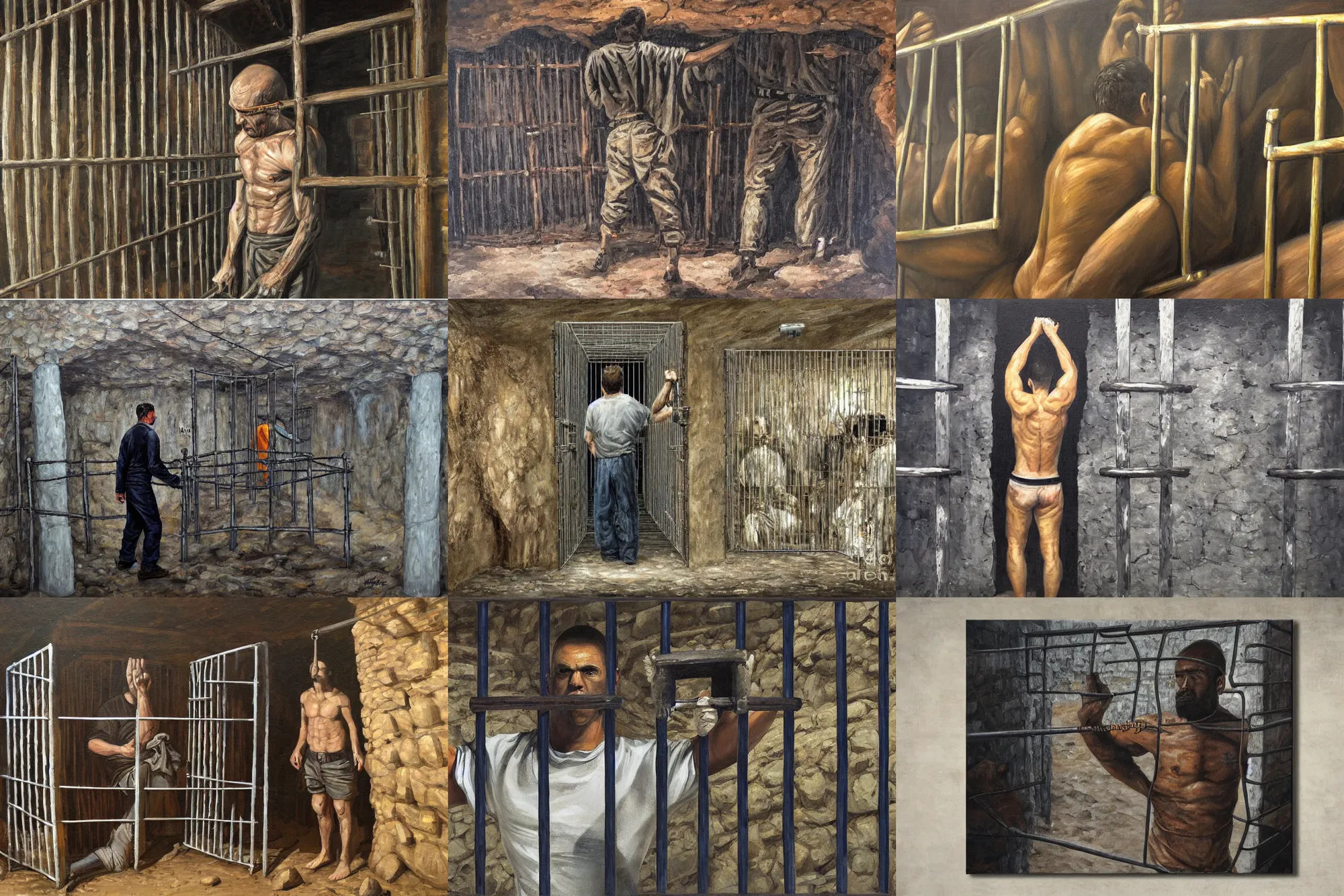 Prompt: ultra wide full length painting of a prisoner holding prison bars, cave prison, highly detailed, high resolution, oil in canvas