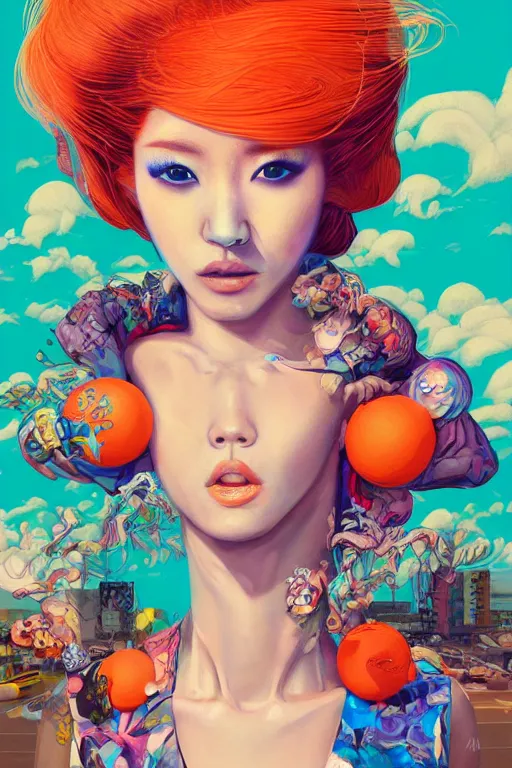 Prompt: a award winning half body portrait of a beautiful caucasian woman in a croptop and cargo pants with ombre orange blue teal hairstyle with head in motion and hair flying by yoshii chie and hikari shimoda and martine johanna and will eisner, outrun, vaporware, digital art, trending on artstation, highly detailed, fine detail, intricate