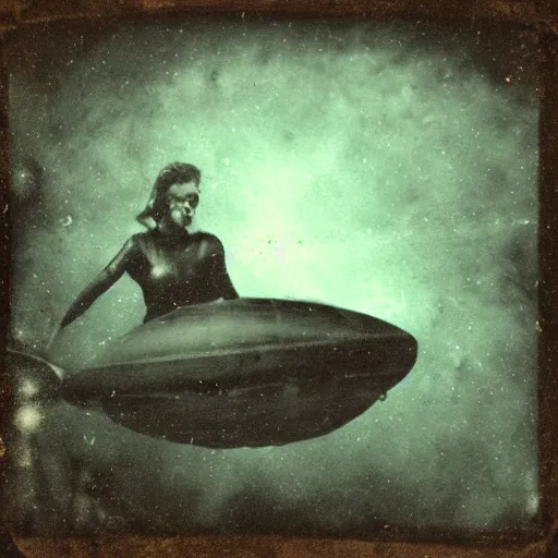 Prompt: tintype photo, swimming deep underwater, alien ship