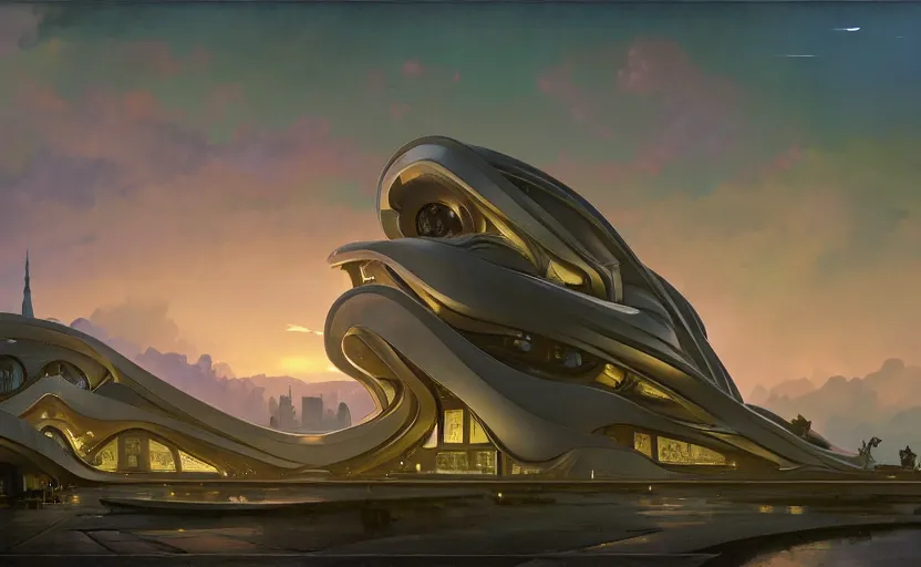 Prompt: exterior shot of utopian architecture school with cinematic lighting by zaha hadid and renzo piano, darek zabrocki and greg ruthkowski, alphonse mucha, simon stalenhag, cinematic, paradise, scifi, futurism, atmospheric, sunset, concept art, artstation, trending on artstation