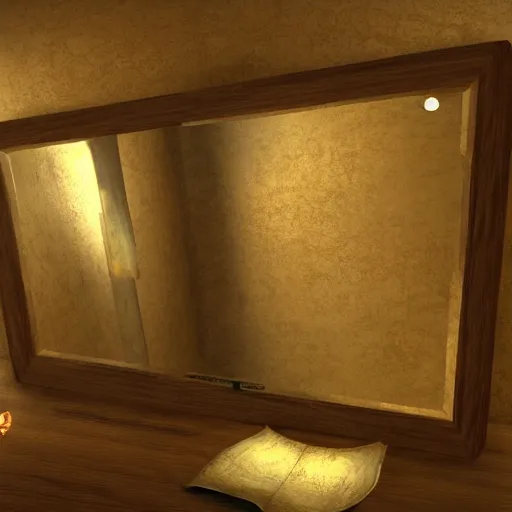 Image similar to a mirror but in the reflection is a fantasy world, dynamic lighting, photorealistic, ambient lighting