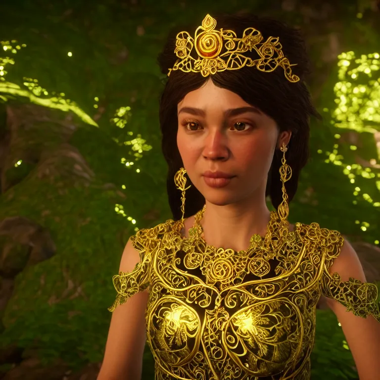 Image similar to princess of vines with a clear skin, ornate 8 k gorgeous intricate gold detailed unreal engine rendered