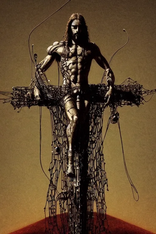 Prompt: full body shot of a cybernetic jesus on the cross, wires, cyberpunk art by beksinski and giger and seb mckinnon and josan gonzalez, digital art, highly detailed, intricate, sharp focus, trending on artstation hq, deviantart, pinterest, unreal engine 5, 4 k uhd image