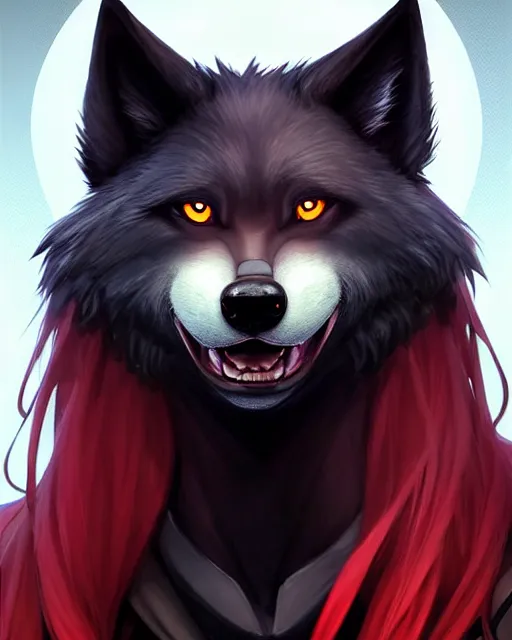 Image similar to character concept art of a black anthropomorphic furry male wolf with long red hair | | cute - fine - face, pretty face, key visual, realistic shaded perfect face, fine details by stanley artgerm lau, wlop, rossdraws, james jean, andrei riabovitchev, marc simonetti, and sakimichan, artstation