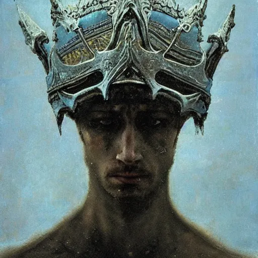 Prompt: ice lord, wearing icy ornamented armor, wearing ice royal crown war helm, beksinski