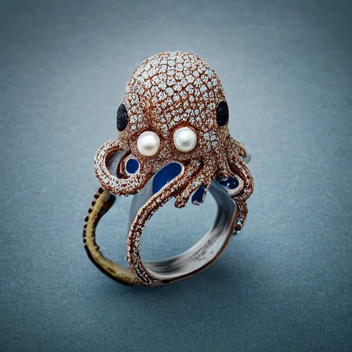 Image similar to hd photo of a octopus ring with diamonds and pearls by vivienne westwood, denoise, deblur