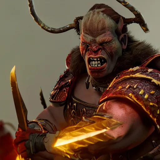 Image similar to beautiful redhead orc with warrior outfit, clash royal style characters, unreal engine 5, octane render, detailed, cinematografic, cinema 4 d