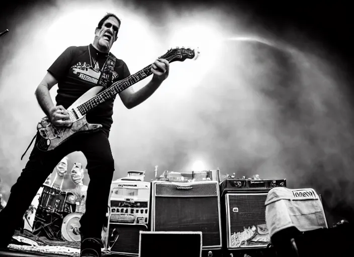 Prompt: photo still of herman munster on stage at vans warped tour!!!!!!!! at age 3 3 years old 3 3 years of age!!!!!!!! shredding on guitar, 8 k, 8 5 mm f 1. 8, studio lighting, rim light, right side key light