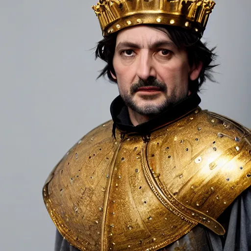 Image similar to richard iv the roman king photo, real human, soft studio lighting, 6 0 mm lens in full armor, cashmere hairs, golden crown