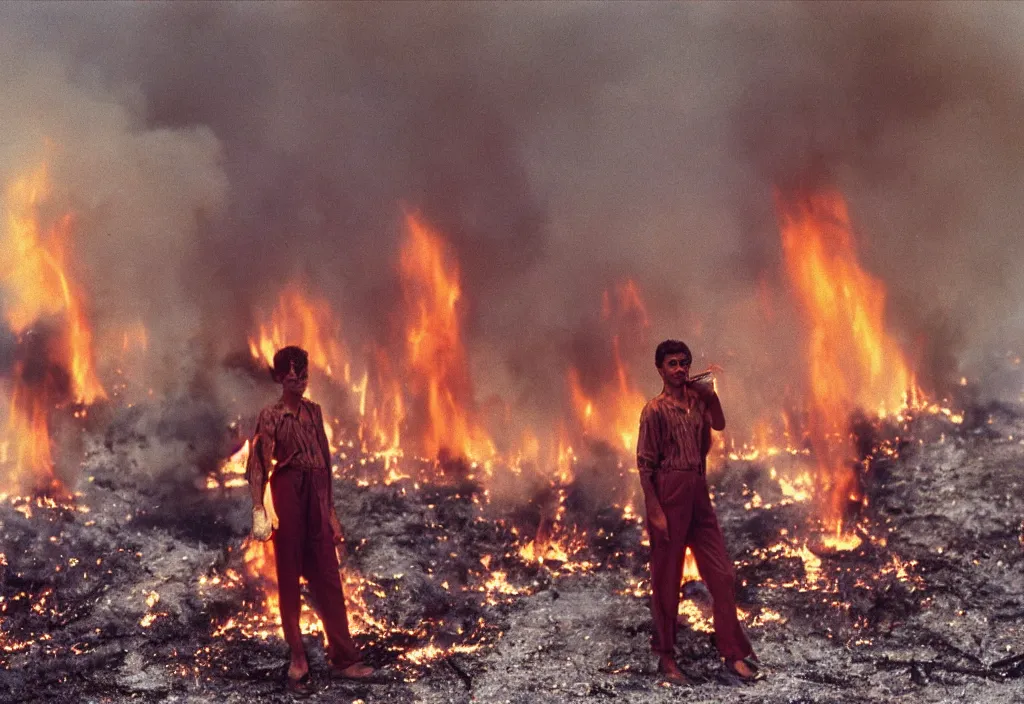 Image similar to portrait photograph fashion in Kuwait oil fields fire burning. 1991.