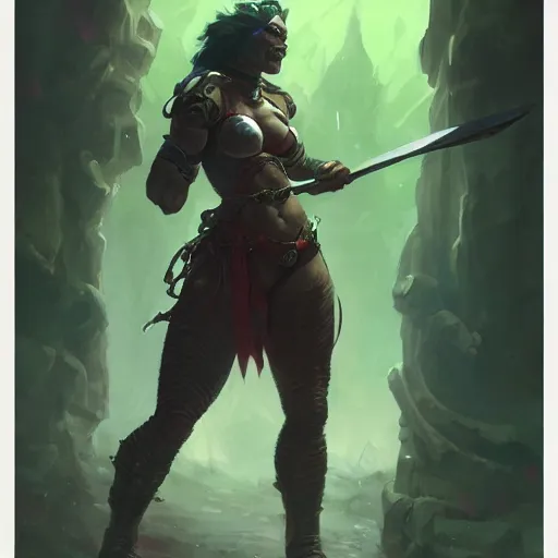 Image similar to a full character portrait of a toned physique green orc woman with a ponytail in full plate armor, by greg rutkowski, wlop, astri lohne, wei wang, trending on artstation