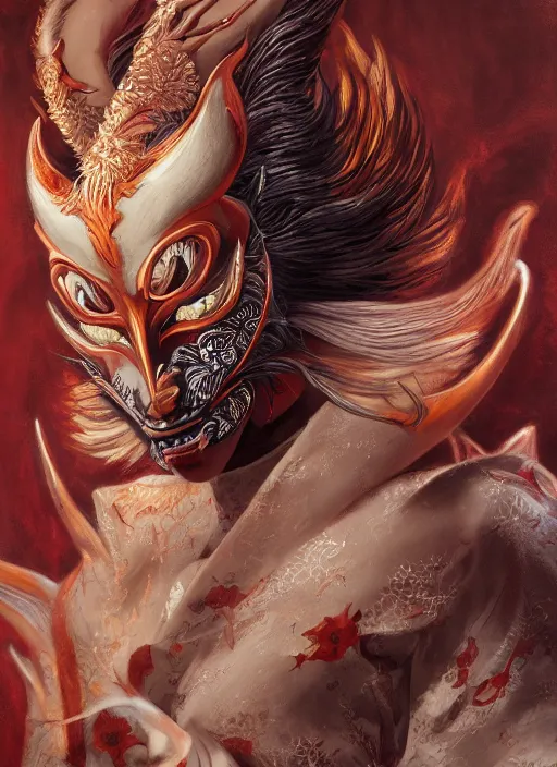 Prompt: a beautiful detailed oil on copper art illustration of a japanese hannya kitsune mask devil woman, the mask is broken, centered, by charlie bowater, zeng fanzh, trending on artstation, dim dusk lighting, cinematic lighting, detailed lighting, volumetric lighting, realistic, f 8, 4 k hd wallpaper