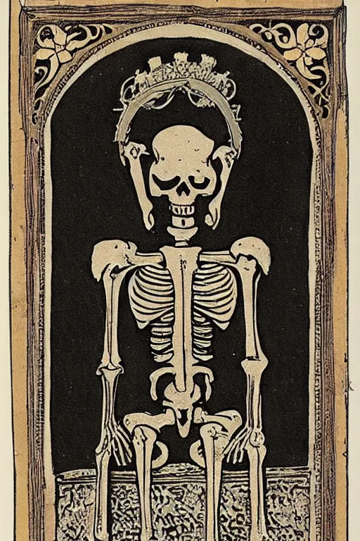 Image similar to tarot card of a king’s skeleton sitting on a decaying ancient throne, ornate frame, detailed