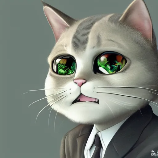 Image similar to a highly detailed close up portait of a cute little anthropomorphic cat wearing a suit by studio ghibli, tiny, small, cute and adorable, pretty, beautiful, character art portrait, matte painting, Artstation