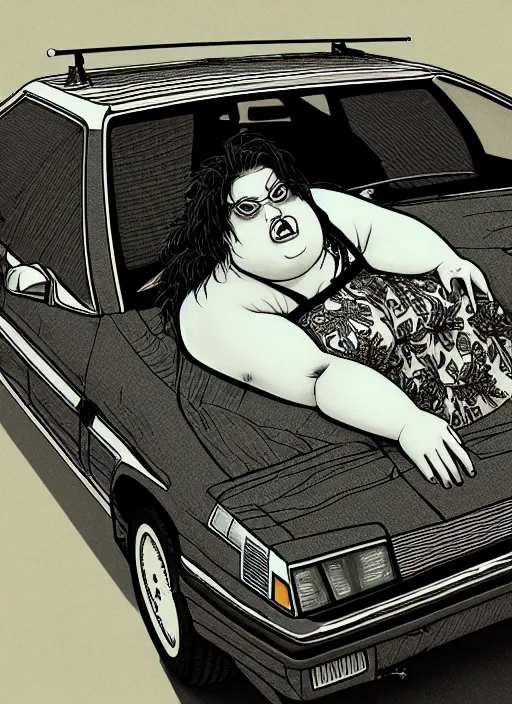 Image similar to fat woman posing near a ford taurus lx 1 9 8 6, intertwined, gothic, rich deep colrs, drawn by by kim jung gi, takato yamamoto. masterpiece. rendered in blender, smooth shadows, ultra detail, high resolution, cinematic unreal 6, 8 k