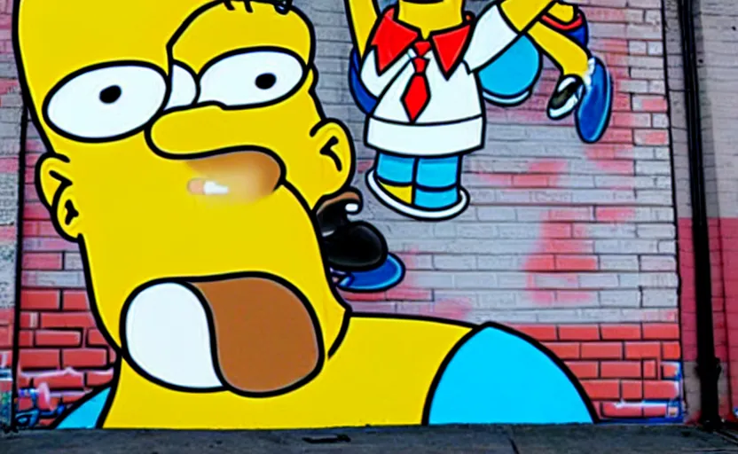 Image similar to a real life cartoon character homer simpson covered with graffiti by henry chalfant