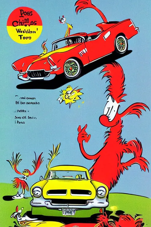 Prompt: Children\'s book about a 1955 Pontiac Firebird by Dr. Seuss