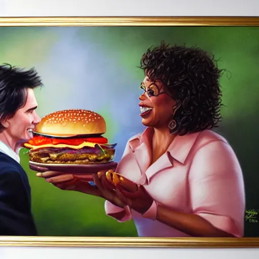 Image similar to portrait of oprah winfrey feeding tom cruise giant hamburgers, extra bacon lettuce and tomatoes, an oil painting by ross tran and thomas kincade