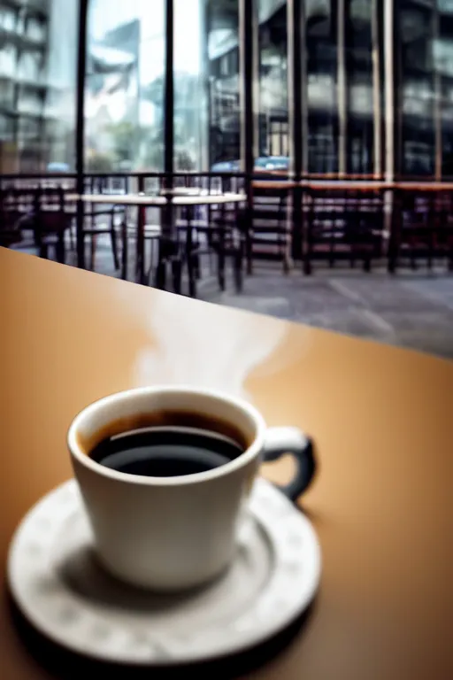 Image similar to realistic detailed photo of a steaming cup of coffee on a saucer with a flaky pastry on the side and a coffee spoon next to it on the table, hotel lobby in the background, liminal spaces, hdr, volumetric lighting, dim light, diffuse light, depth of field