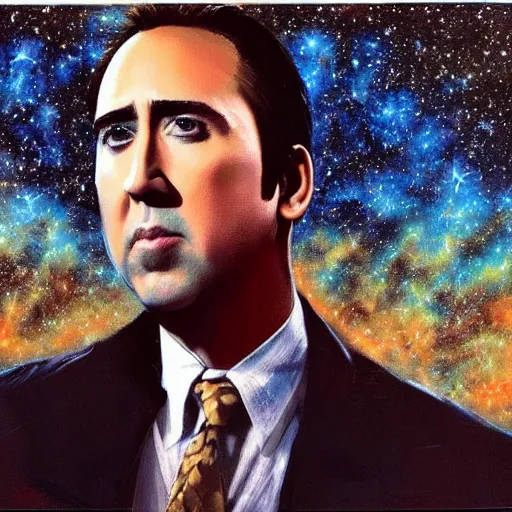 Prompt: nicholas cage amazed expression, cosmic starfield background oil painting masterwork trending on artstation