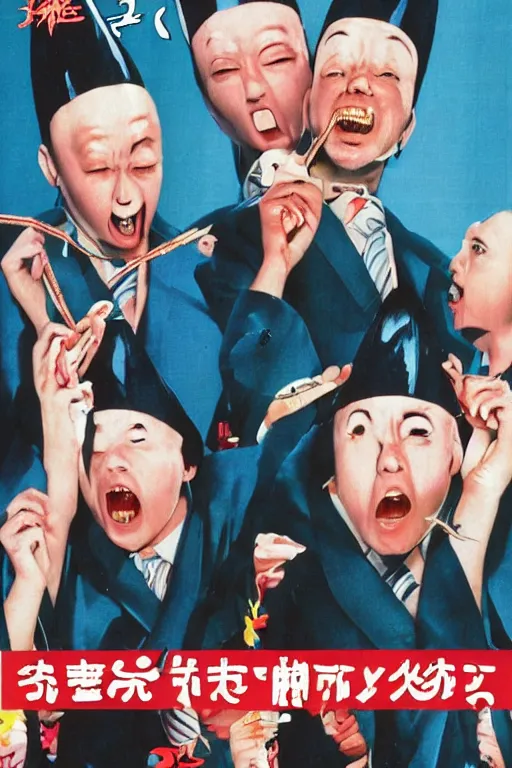 Image similar to coneheads, japanese vhs cover art, detailed facial expressions