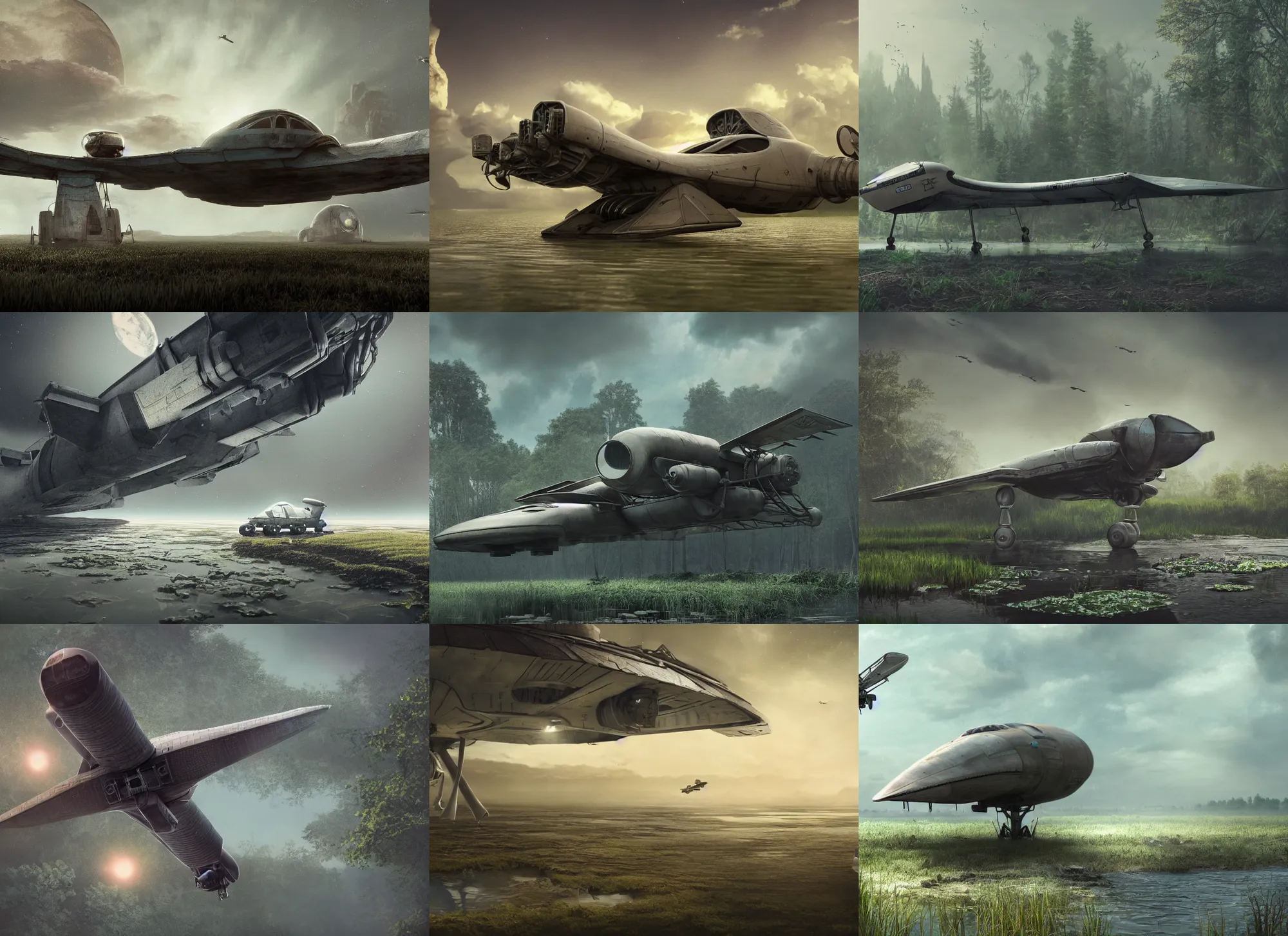 Prompt: a fine art matte painting of a cute spaceship called The CS Pioneer with landing gear down and about to landing in a swamp, ultra detailed, octane render, 4K, dystopian, micro details