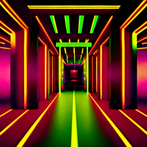 Image similar to noisy color photograph of a retrofuturist liminal space, dark pit, deformations, minimalist, cinematic, soft vintage glow, unreal engine