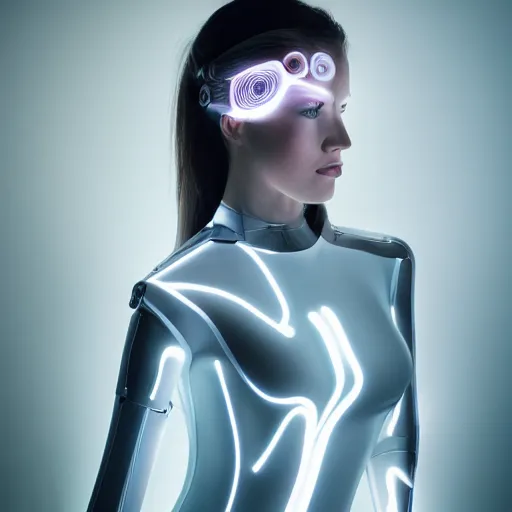 Image similar to a portrait of a female cyborg, fashion, streak lights, ligjt trail, color gel, photogtaphy, canon r 5, glowing, white background, 3 d render, unreal engine, white body suit, futuristic