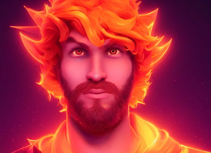 Prompt: glowwave portrait of curly orange haired man on a dark background from league of legends, au naturel, hyper detailed, digital art, trending in artstation, cinematic lighting, studio quality, smooth render, unreal engine 5 rendered, octane rendered, art style by pixar dreamworks warner bros disney riot games