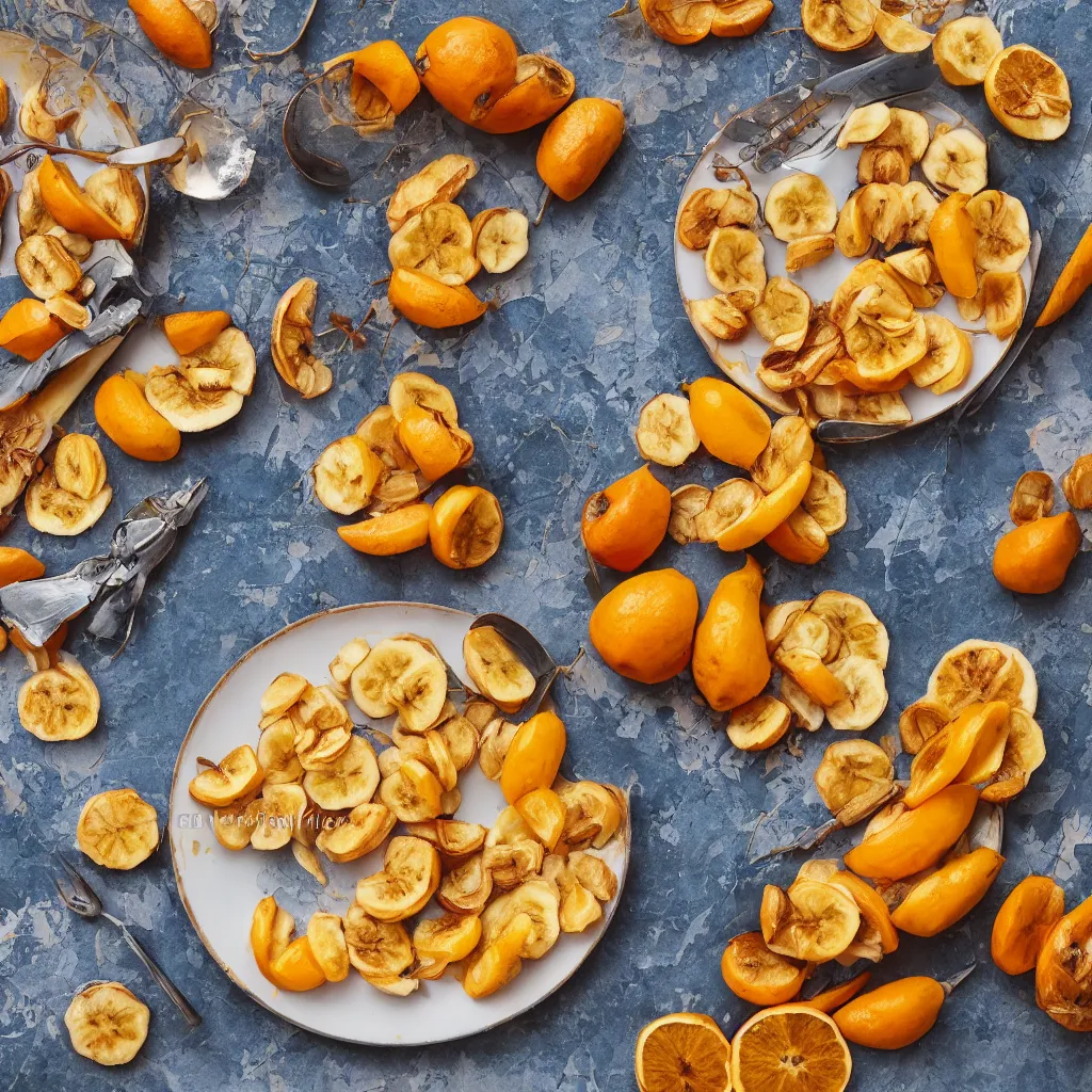 Image similar to roasted bananas peals with cut orange slices, in designer plate with flowery pattern art nouveau embroidered, closeup, hyper real, food photography, high quality