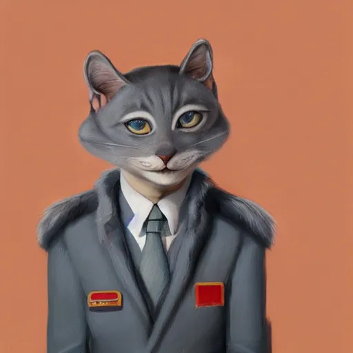 Image similar to Portrait painting of an anthropomorphic gray cat wearing as a 1950's Soviet leader, trending on artstation, by Sergey Kolesov