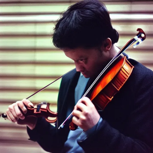 Prompt: photo, violin player, london underground, 5 0 mm f / 1. 4, cinestill 8 0 0,