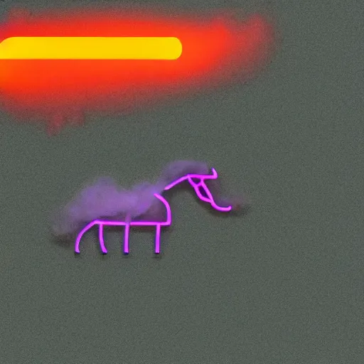 Image similar to misty volumetric muted neon color smoke wisps waft on convection current of air through a low energy cluttered parlor and coalesce on the floor into the vague translucent outline of a horse crossing the finish line.