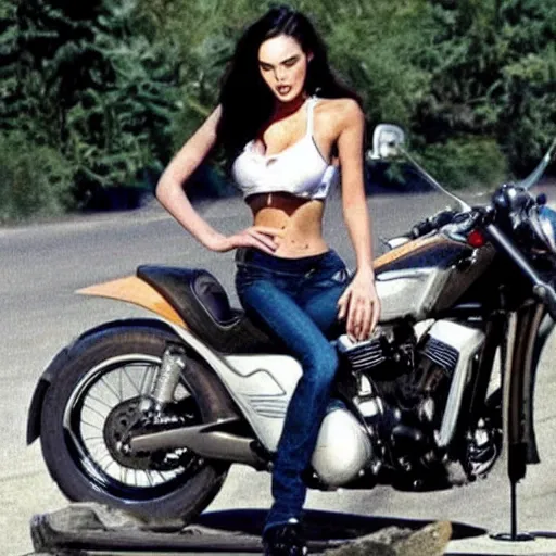 Image similar to young megan fox on a a motorcycle, highly realistic