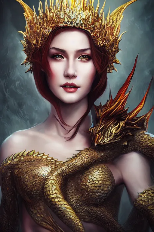 Prompt: queen of dragons, crown of fire, youthful appeal, artgerm, portrait, realistic photo by Yaşar VURDEM , ArtStation, muted colors, artstation, character concept art. Epic composition, hyperrealism, award winning artwork,realistic hair, trending on artstation, high quality printing, fine art with subtle redshift rendering
