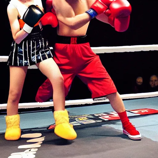 Prompt: a beautiful anime woman in a boxing match against a plush toy bear, located in a boxing ring, award winning.