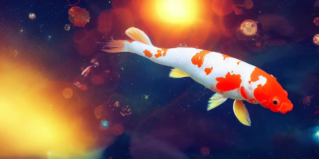 Image similar to a koi fish floating in space, mild starry background, ultrarealistic, cinematic, octane render, trending on artstation