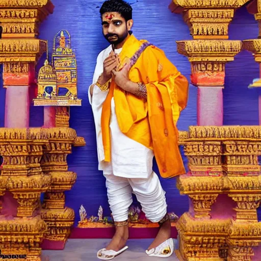 Prompt: brahmin drake the rapper wearing a silk kurta, bundi, hindu kovil scene