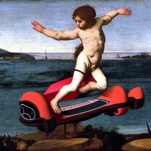 Image similar to Jesus Christ riding a hoverboard across water ,Caravaggio