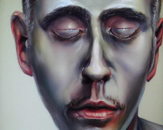 Prompt: a painting of a man's face is shown, an airbrush painting by Ben Templesmith, featured on deviantart, figurative art, watercolor, acrylic art, airbrush art