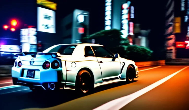 Image similar to wideshot of a nissan skyline gtr driving in tokyo at night, highly detailed, 4k photo, shot with sony alpha