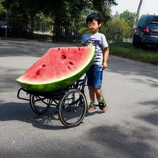 Image similar to a tricycle full of watermelons, an asian boy fell asleep in the car, summer