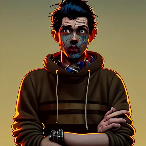 Image similar to highly detailed portrait of a sewer punk guy worker, thirties, black hair, brown eyes, tartan hoody, short curly hair by atey ghailan, by greg rutkowski, by greg tocchini, by james gilleard, by joe fenton, by kaethe butcher, gradient blue, brown, light blue and white color scheme,