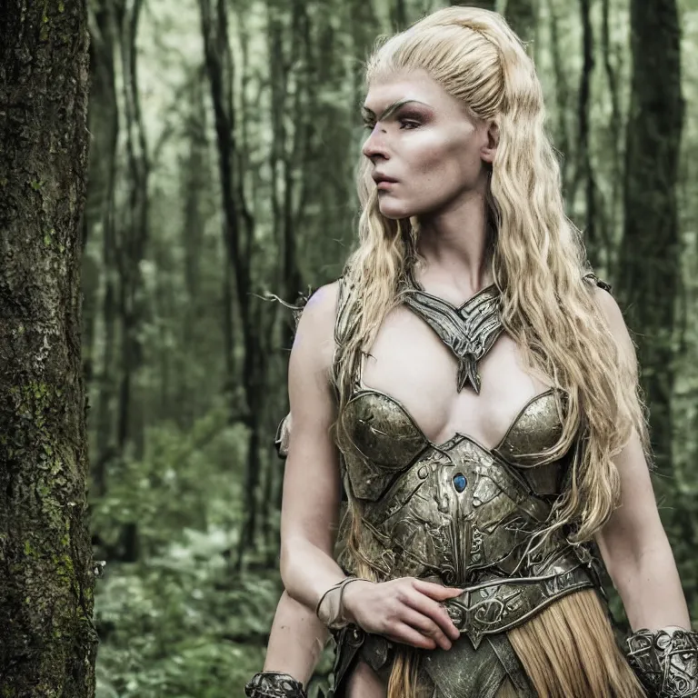 Prompt: 5 5 mm portrait photo of an armored gorgeous anesthetic blonde woman warrior, in a magical forest in the style of lord of the rings, highly detailed 8 k. intricate. lifelike. soft light. nikon d 8 5 0. cinematic post - processing