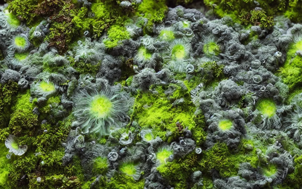 Prompt: a beautiful macro photography of green moss lichens anemones with alien fungus, hyper detailed, warm volumetric lights , made by Gerald Brom and Mike Winkelmann, 8K HD trending on art station