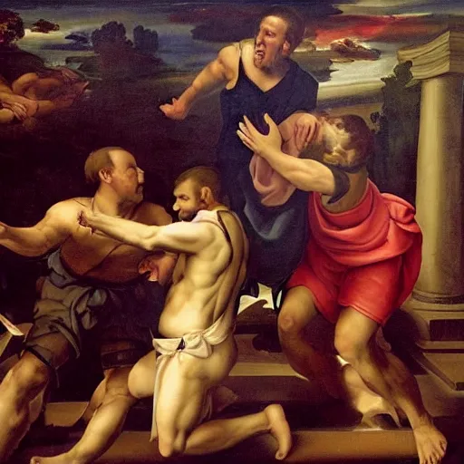 Image similar to three clones of Alex Jones of InfoWars fighting in a courtroom, renaissance painting, extremely detailed