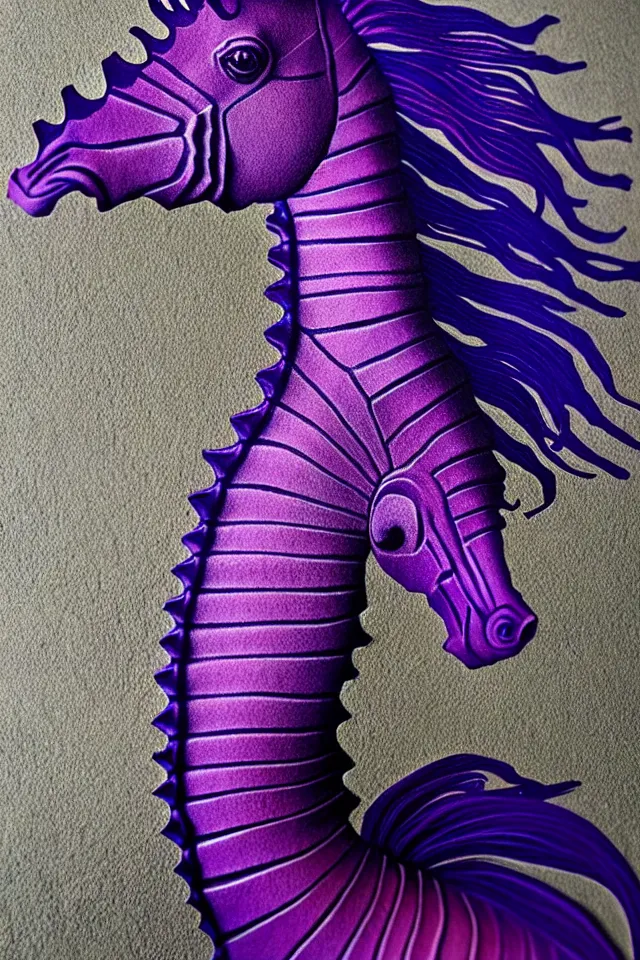 Image similar to a portrait statue of a purple seahorse, black paper, beautiful intricate painting by kokaris