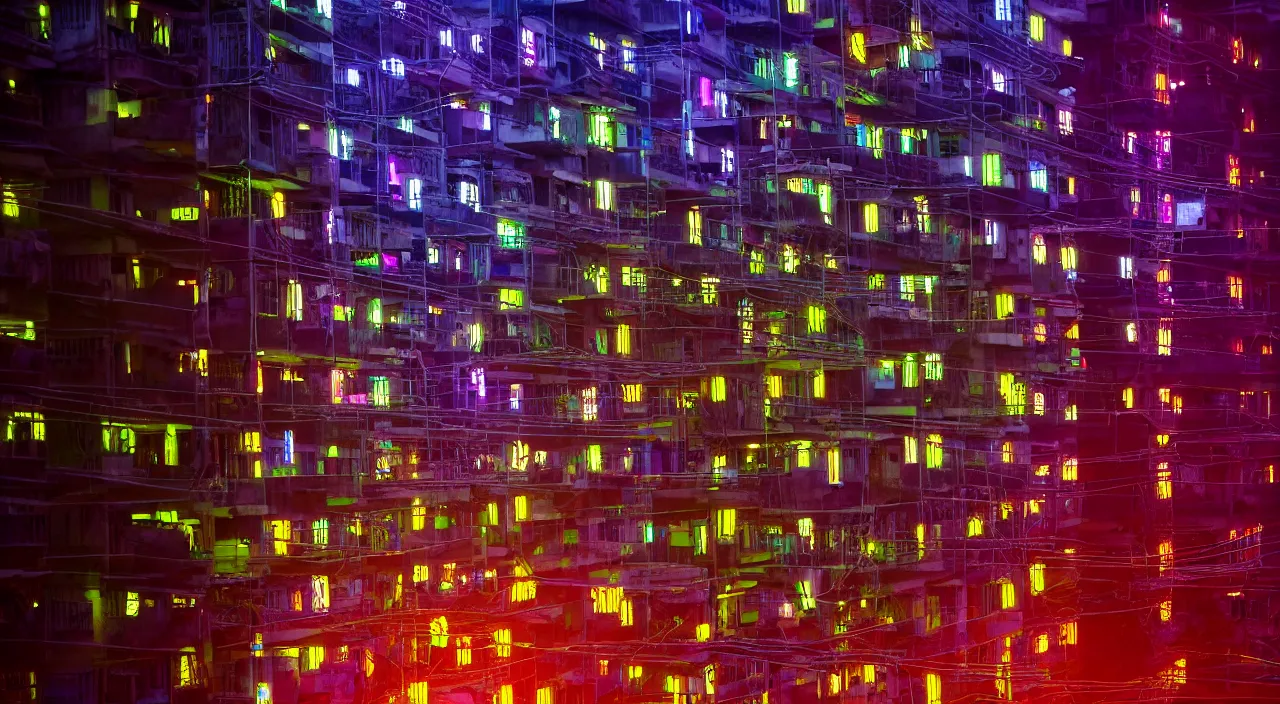 Image similar to Cyberpunk Residential Blocks, futuristic Phnom-Penh Cambodia, neon lighting