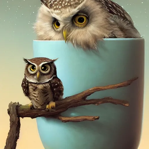 Image similar to long shot of a very cute young owl sitting in very beautiful cup, by esao andrews, by james jean, marc simonetti, by victo ngai, humorous illustration, hyperrealistic, big depth of field, fresh colors, dim light, 3 d octane render conceptart, 4 k, hyperdetailed, trending on artstation