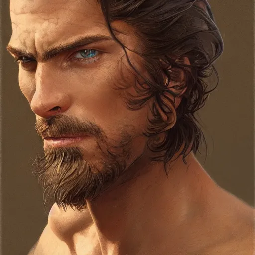 Image similar to portrait of a young, ruggedly handsome ranger, muscular, half body, leather, hairy, d & d, fantasy, intricate, elegant, highly detailed, digital painting, artstation, concept art, smooth, sharp focus, illustration, art by artgerm and greg rutkowski and alphonse mucha